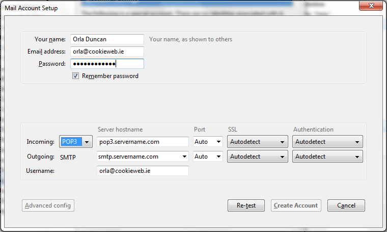 Enter POP3, SMTP and Username